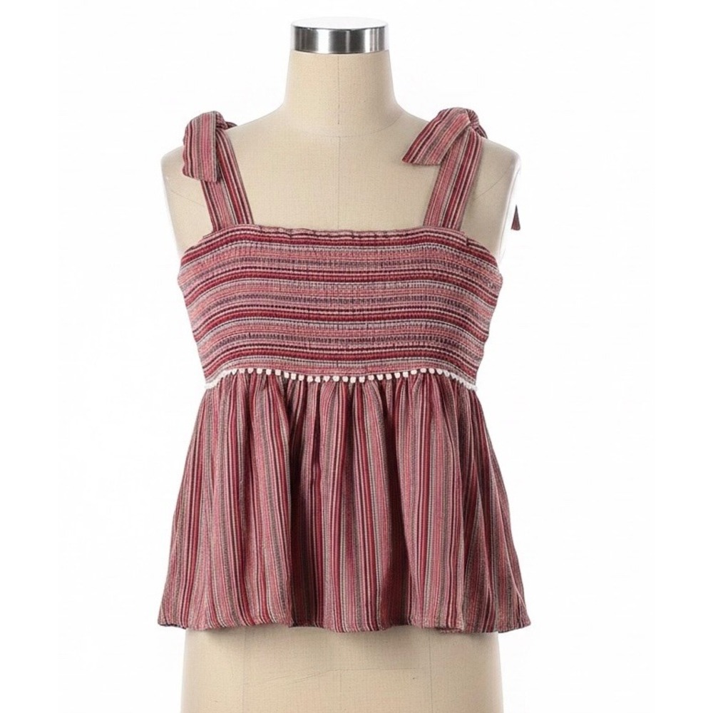 Pants Store Women Striped Tie Shoulder Smocked Peplum Tank Top Red Size M